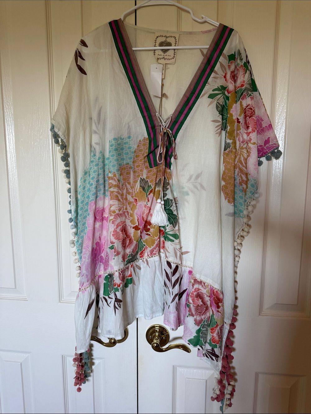 Boho Floral Tie-Front Swim Coverup in White with Pink & Green
